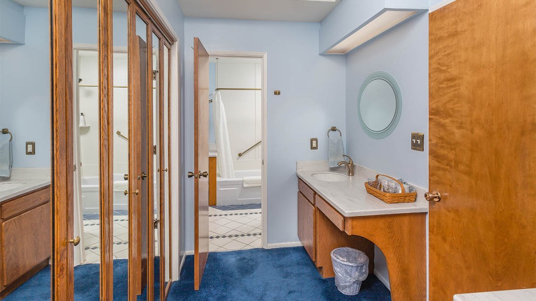 Blue painted room and carpet with vanity outside bathroom, shower with grab bar, linoleum floor.