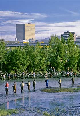 Group of men fly-fishing along a stream, city with skyscrapers in distance with lush green trees.