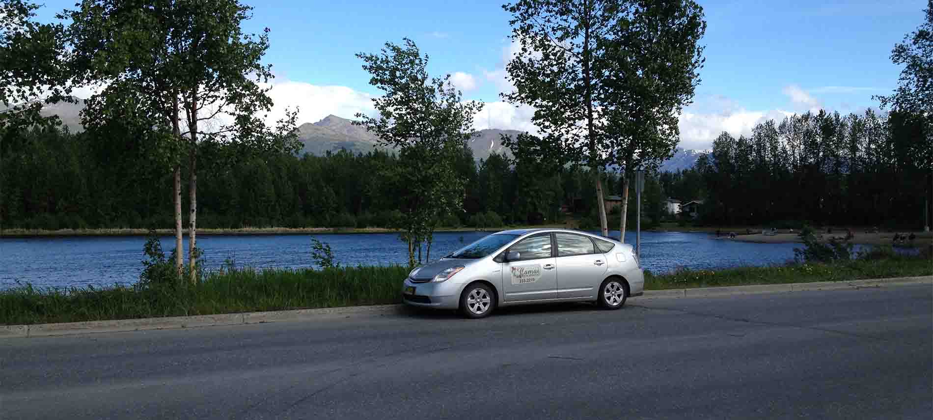 Mountain range background and lake surround by leafy green trees with car on street